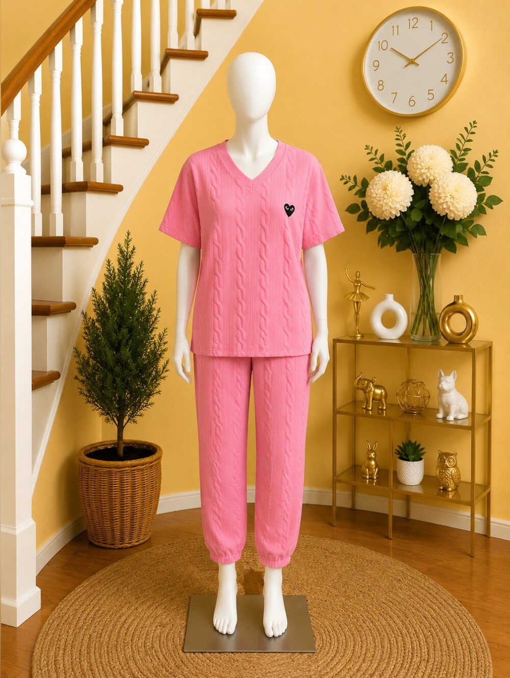 Pink Cable-Knit Loungewear Set with Heart Patch
